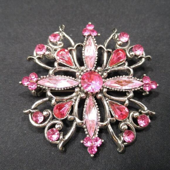 Vintage Pink Rhinestone Floral Brooch Silver Tone 1990s Sparkling Pin - Picture 2 of 5
